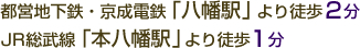 都営地下鉄・京成電鉄「八幡駅」より徒歩2分、JR総武線「本八幡駅」より徒歩1分